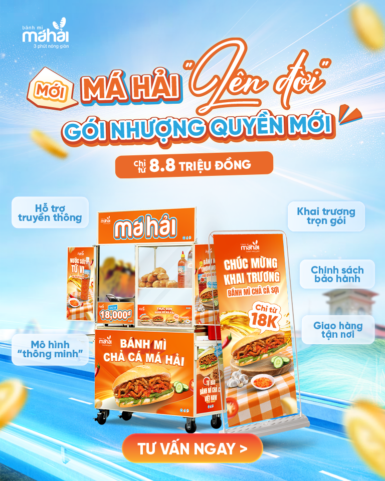 Bánh Mì Má Hải franchise promotion showing the branded banh mi cart